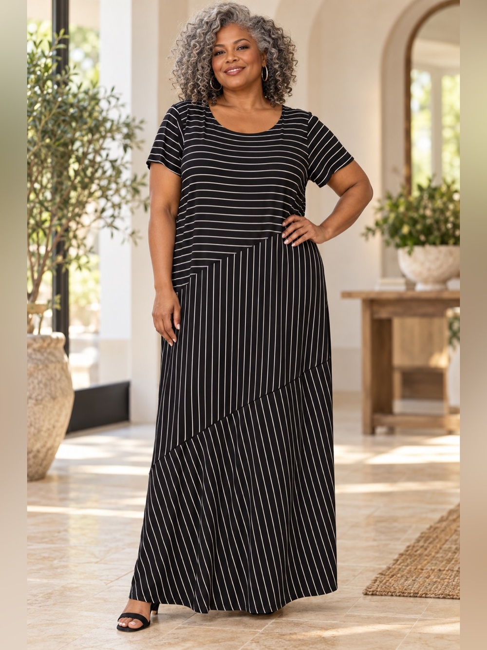 Nina Leonard 2X Black Ivory Pinstripe Maxi Dress Stretch Short Sleeve